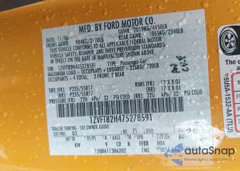 2007 Ford Mustang Gt Deluxe/Gt Premium z USA, uszkodzony, nr VIN 1ZVFT82H475278591